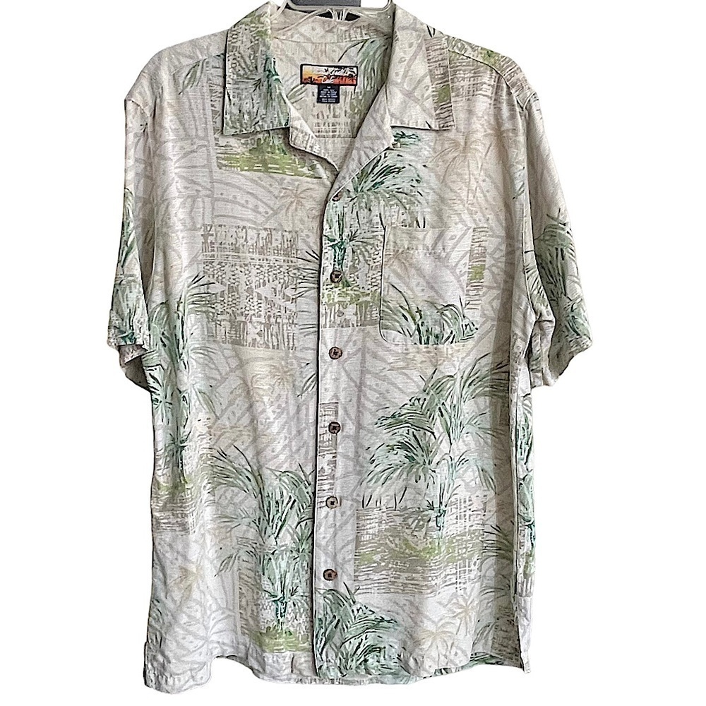 Havana Jack's Cafe Light Green Print Silk Hawaiian Shirt Size Medium